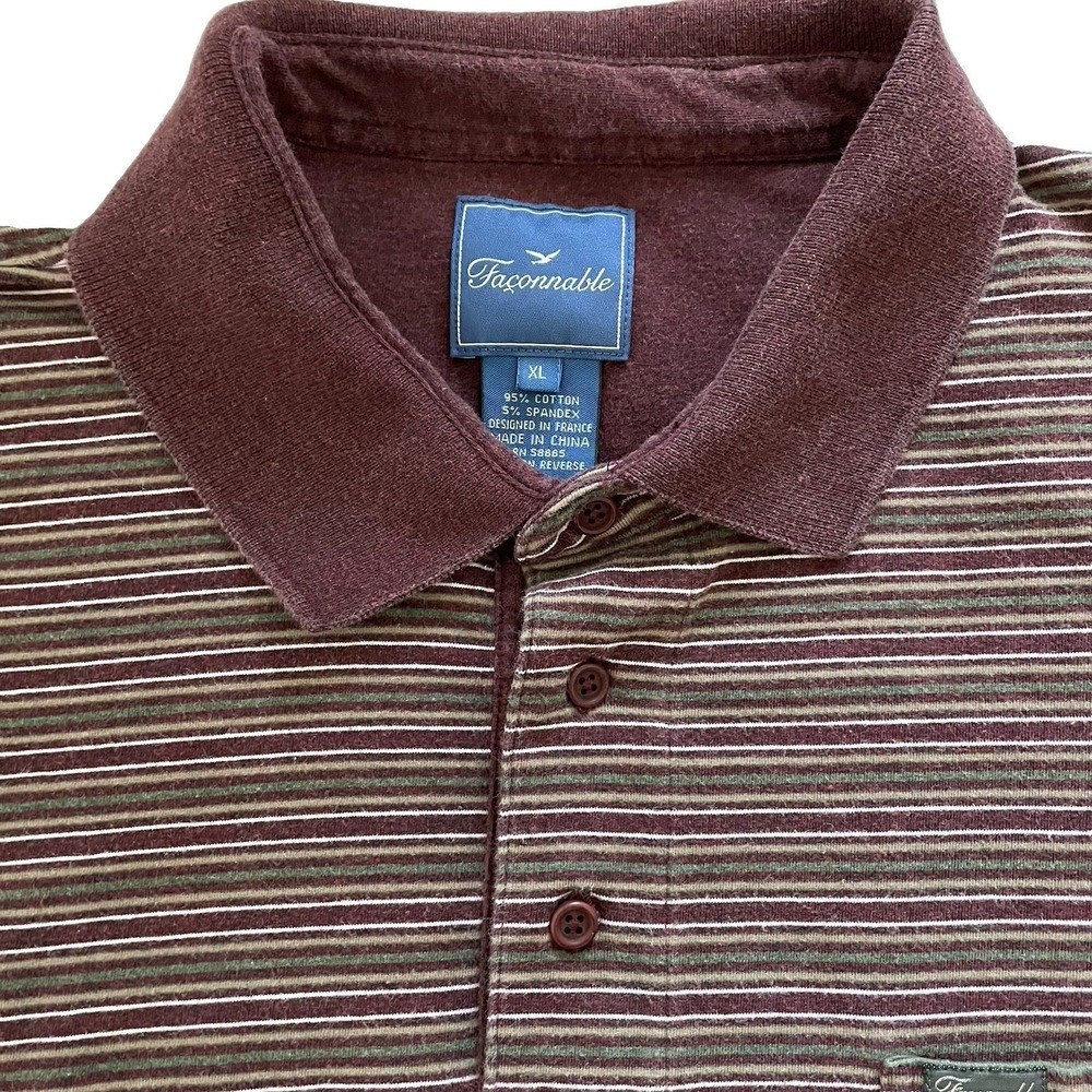 Faconnable Polo Shirt XL Burgundy Stripe Cotton Stretch French Designer Pocket